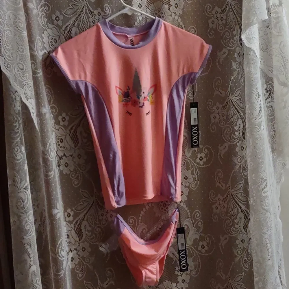 New XOXO Girls 12 14 pink purple unicorn two piece tankini swimsuit